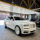 Satin Pearl White Rolls-Royce Cullinan on matching RDB LA