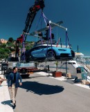 A Bugatti Chiron "flies" onboard the Seven Sins superyacht in Monaco