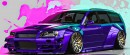 R34 Nissan GT-R Stagea station wagon bagged widebody mashup rendering by musartwork