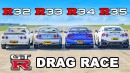 R35 Nissan GT-R vs. R34 vs. R33 vs. R32 Drag Race