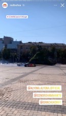 Red Bull cars drift without authorization in Sofiyskaya Square in Kiev, Ukraine, a UNESCO heritage site