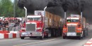Peterbilt 389 semi takes on a Kenworth T800 in a straight line