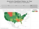 Map of America's Deadliest states by year. 2015 is selected