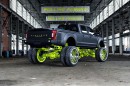 Satin Black Neon Green Ford F-450 lifted dually HD truck rendering by innov8designlab