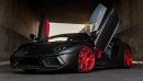 Satin Black Lamborghini Aventador on Signature Red Forgiatos by Diamond Autosport