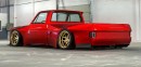 Slammed OBS Chevy C10 red, gold, carbon fiber widebody restomod rendering by personalizatuauto