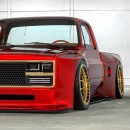 Slammed OBS Chevy C10 red, gold, carbon fiber widebody restomod rendering by personalizatuauto