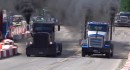 Peterbilt 359 races a Kenworth T800 in a straight line