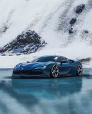 Ferrari SF90 Stradale on frozen lake volcano