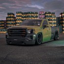 GMC Sierra on slick tires and with lightweight carbon fiber bed and bumpers rendering by bradbuilds on Instagram