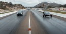 The Apter solar electric vehicle, Alpha unit, undergoes testing at the drag strip, in California