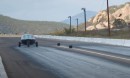 The Apter solar electric vehicle, Alpha unit, undergoes testing at the drag strip, in California