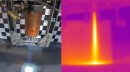 Hot fire test using an alumina plate and Masten’s rocket engine test stand; engine camera in the left image and FLIR thermal camera in the right picture