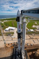 Falcon 9 rocket and Crew Dragon vertical on Launch Complex 39A
