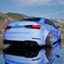 Stanced Audi RS 3 Sedan wide Fender Aurora Borealis wrap rendering by jdmcarrenders