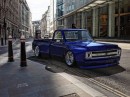 Stanced Chevy C10 Restomod Electric Blue in London rendering by personalizatuauto