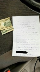 Written apology and $30 left in car after it was returned