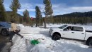 Tesla Cybertruck rescues Ford F-150 stuck in the snow
