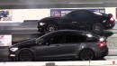 Stock Tesla Model S Plaid drag races Team Duo Turbo S550 Ford Mustang on DRACS