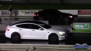 Tesla Model S Plaid drag race head start Mustang GT, Challenger, BMW and Plaid on DRACS
