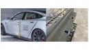 Thatcham Research crashed a Tesla Model S to analyze battery pack damages (right)