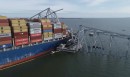 The cargo ship entangled in the metal structure of the Francis Scott Key Bridge