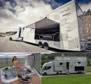 The Futuria Sports + Spa is a custom motorhome with a car garage and a jacuzzi on the sundeck