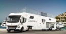 The Futuria Sports + Spa is a custom motorhome with a car garage and a jacuzzi on the sundeck