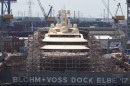 Megayacht Dilbar at the Blohm + Voss shipyard in Germany, undergoing construction work after it was seized by authorities