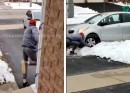Porch pirate gets Toyota Yaris stuck in tiny snowbank in his victim's drivway
