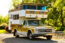1968 Chevy C20 Custom Camper pickup carries a 1968 Sky Lounge camper in the bed, for the ultimate family RV