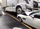A $300,000+ Ferrari GTC4Lusso with a Volvo truck as hood ornament