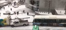 Pileup on snowy banked Canadian street