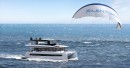This solar powered catamaran features 42 solar panels and a giant kite wing