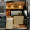 This converted Sprinter van features a cozy interior filled with amenities