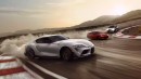 GR Supra A91-CF Edition shown in Absolute Zero White; * GR86 Premium shown in Track bRED; * and GR Corolla Circuit Edition shown in Heavy Metal. * Prototype vehicles shown with options using visual effects