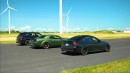 Vicious Trackhawk vs Tuned BMW 340i vs Dodge Challenger Hellcat, it gets nasty! Drag and Roll Race.