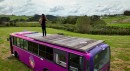 This purple school bus has been converted into a mobile home with two bedrooms