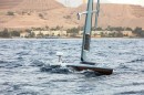 A Saildrone Explorer unmanned surface vessel (USV) sails in the Gulf of Aqaba off of Jordan's coast