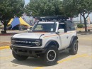 Spotted retro decals on 2021 Ford Bronco 2-Door with steel fenders and Yakima roof accessories
