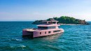 Custom VisionF 80 catamaran with a pretty pink hull
