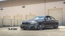 BMW M4 on 20x9.5 inches and 20x11 inches HRE RS103 wheels wrapped in 255/30/20 Pirelli PZero tires up front and 285/30/20 round the back. Suspension: H&R sport springs