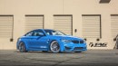 BMW M4 on 20x9.5 inches and 20x11 inches HRE RS103 wheels wrapped in 255/30/20 Pirelli PZero tires up front and 285/30/20 round the back. Suspension: H&R sport springs