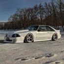 Snow White Fox Body Ford Mustang slammed widebody rendering by personalizatuauto