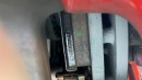 Inside brake pad on the right rear wheel of April Gillmore's Tesla Model 3 Performance