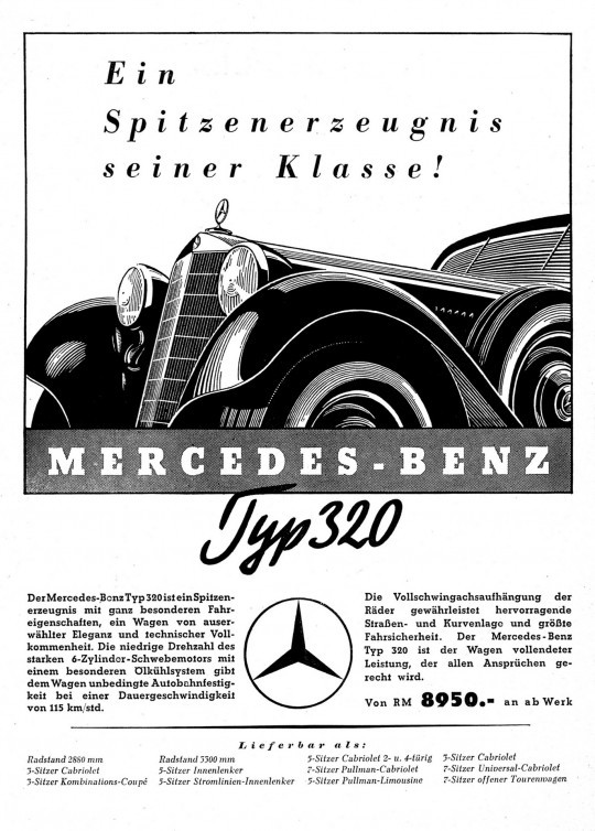 Mercedes\-Benz advertisement\: “Ein Spitzenerzeugnis seiner Klasse\! Mercedes\-Benz Typ 320” \(“A top product in its class\! Mercedes\-Benz Model 320”\), appearing in “AAZ”, no\. 35, year 39, 27 August 1938