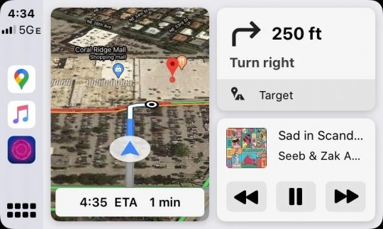 Google Maps satellite view on the CarPlay dashboard