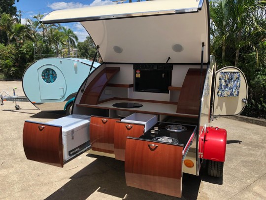 The Gidget Retro Trailer featured a slide\-out and a full\-kitchen, with an adorable retro design