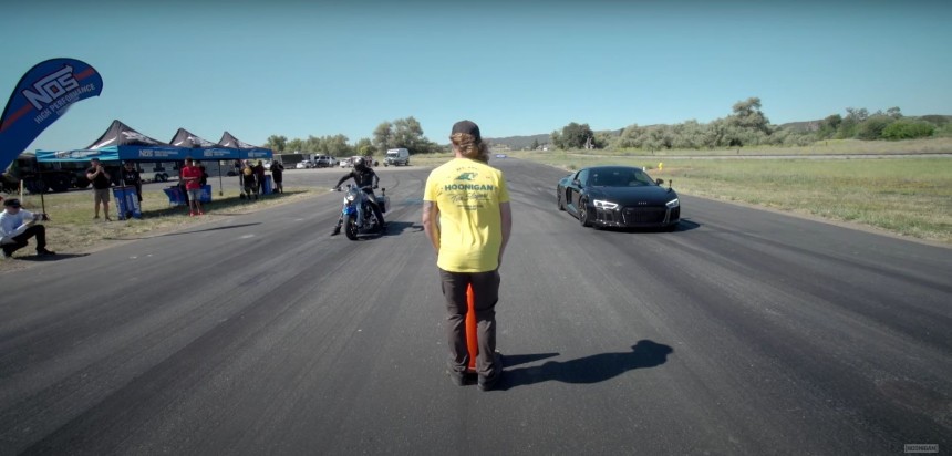 1,500\-HP Audi R8 Drag Races 240\-HP Harley With Nitrous