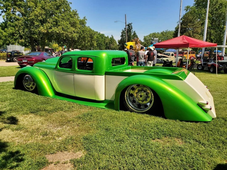 "Brutally Sexy" started out as a '36 Chevy Master Sedan, is now a fully\-custom crew cab dually